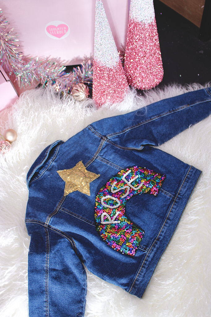 Hot Pink Star Sequin Custom Hand Painted Denim Jacket - Details