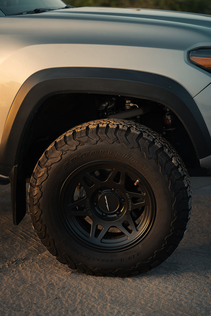 Detail shot of Method Wheels wrapped in BFG K02 All Terrain tires