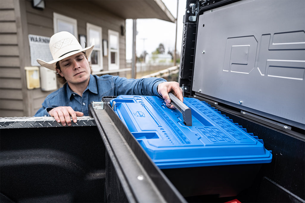 Kolbaba grabs his D-Box, which integrates perfectly into the DECKED Tool Box