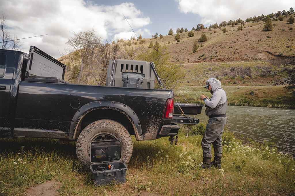 Matt uses his truck tailgate as a work station