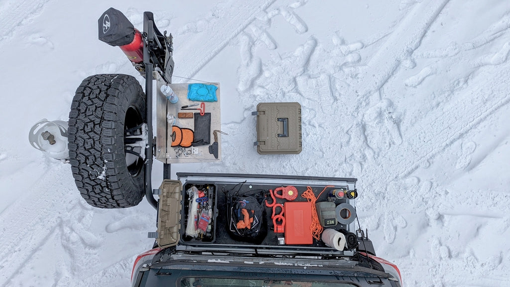 overhead view of tailgate including DECKED D-Box and folding side table