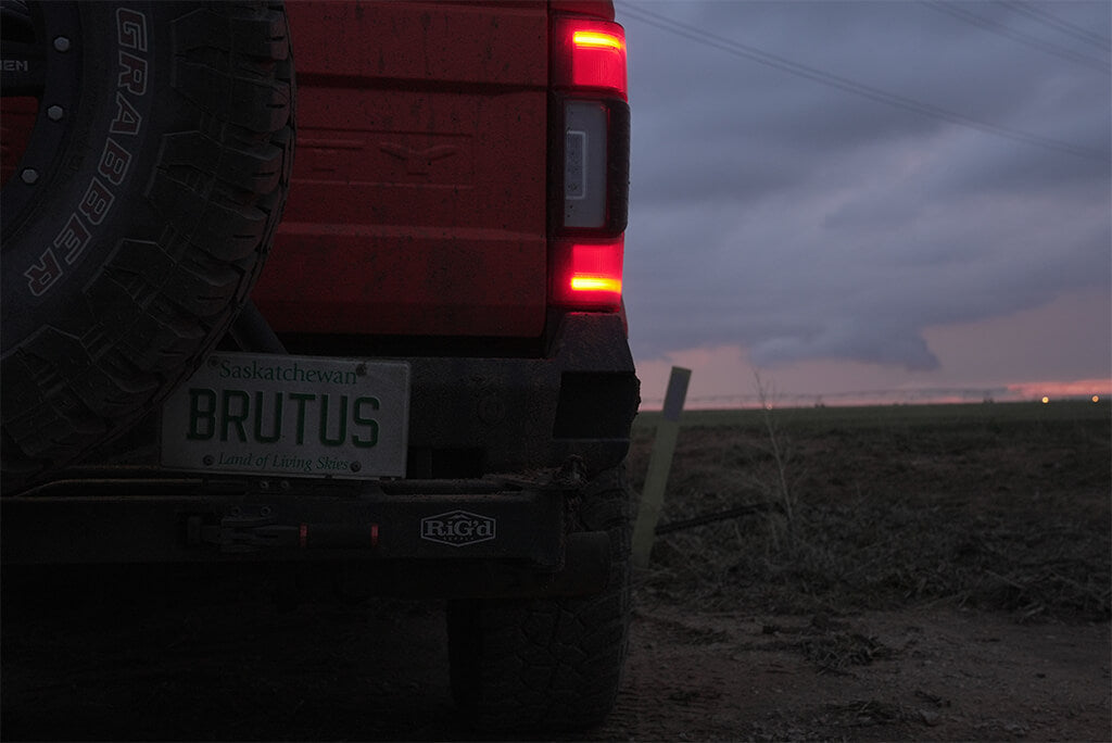 Custom license plate and steel bumper with full-size spare