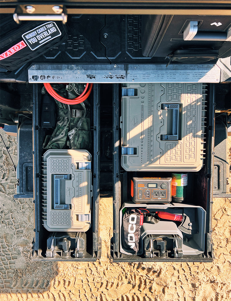 Overhead shot of DECKED drawers extended from truck bed