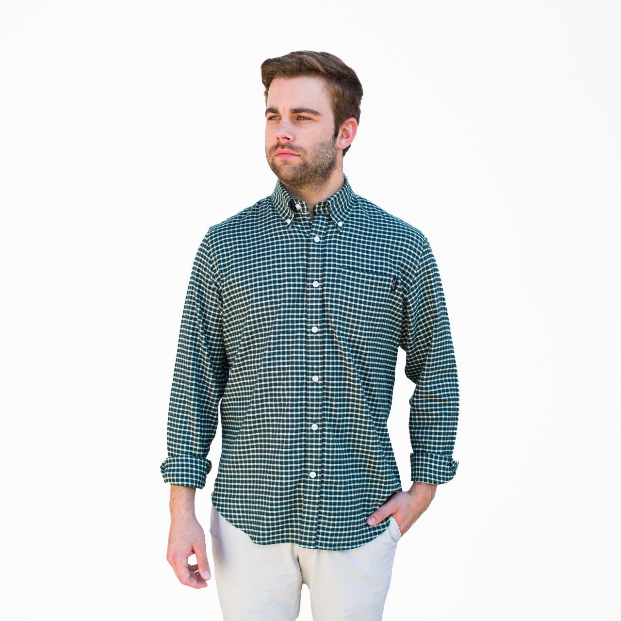 Block Island Flannel - Green & White Graph Check - Pelican Coast Clothing