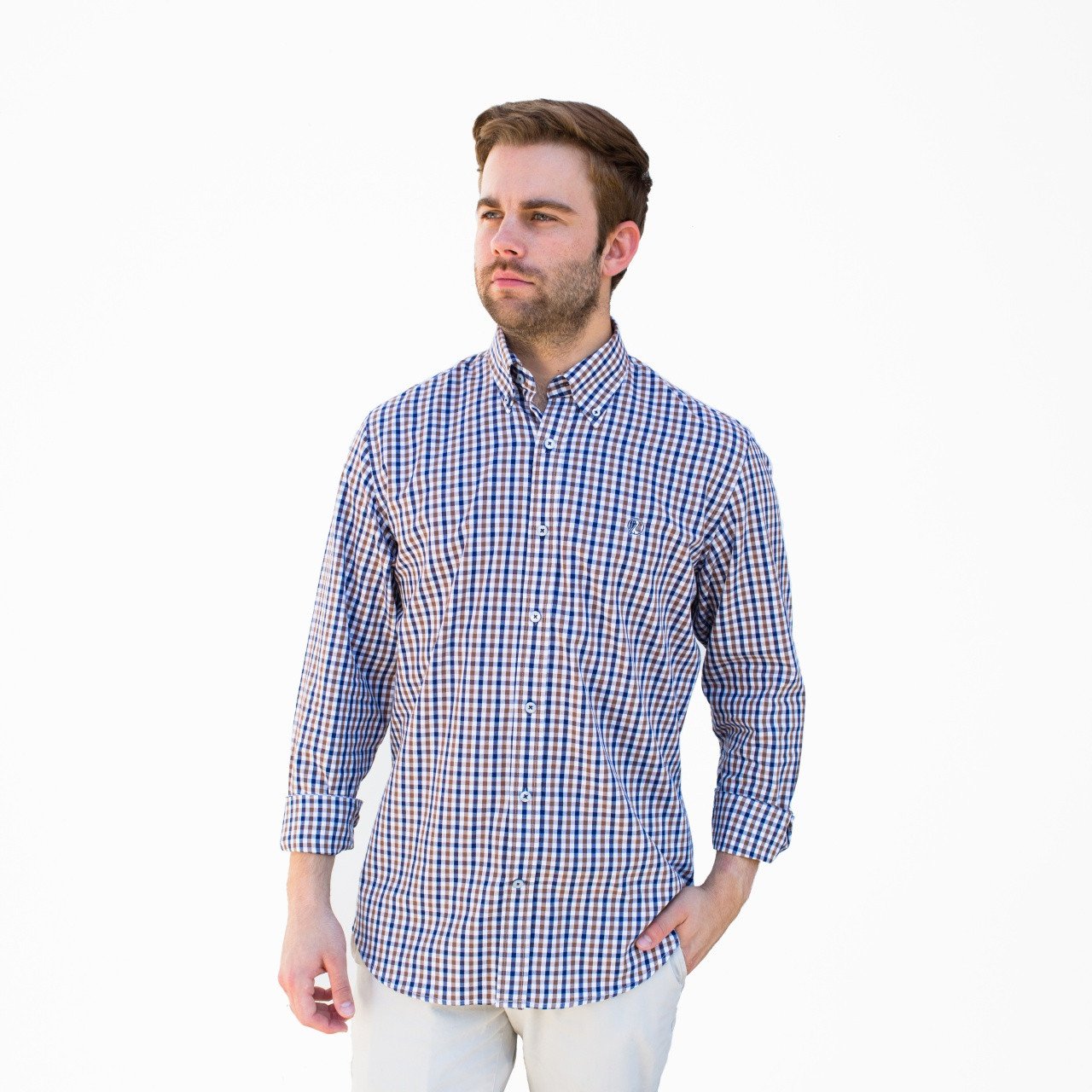 Navy and Brown Check Buttondown Shirt - Pelican Coast Clothing