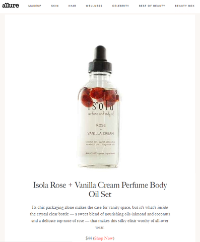 Allure.com included our Rose + Vanilla Cream Perfume Body Oil in their Rose- Infused Skin-Care Products You’ll Love for Valentine’s Day