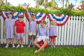 classic childrens clothing boys button down collared shirt with red white and blue gingham