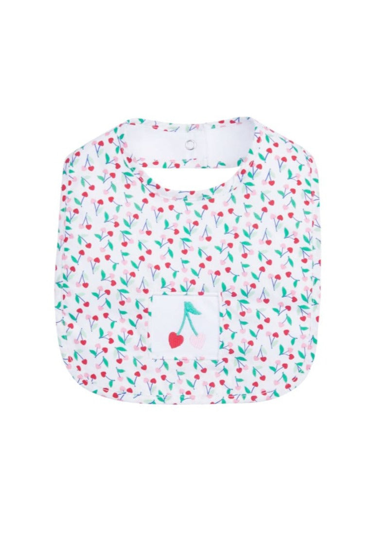 classic childrens clothing cherry hearts bib with embroidered pink and red cherries