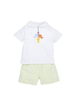 classic childrens clothing boy short set with green gingham shorts and white peter pan shirt with applique fish 