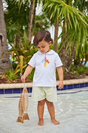 classic childrens clothing boy short set with green gingham shorts and white peter pan shirt with applique fish 