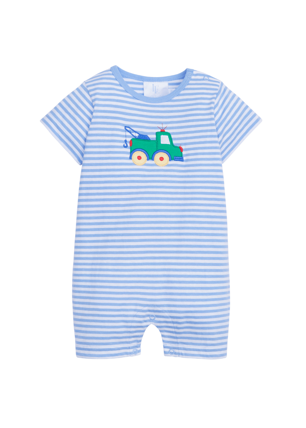 classic childrens clothing boys blue and white striped romper with tow truck applique