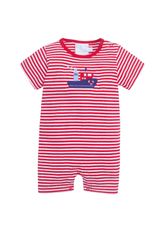 classic childrens clothing boys red and white striped romper with applique heart tug boat