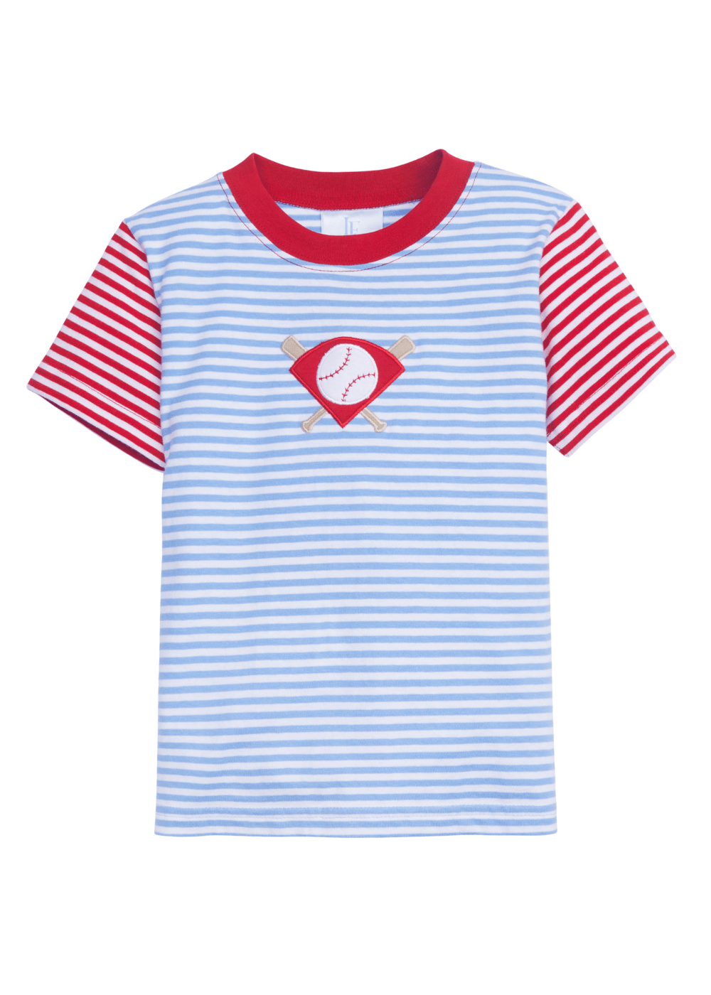 classic childrens clothing boys blue and white striped t-shirt with red sleeves and baseball applique