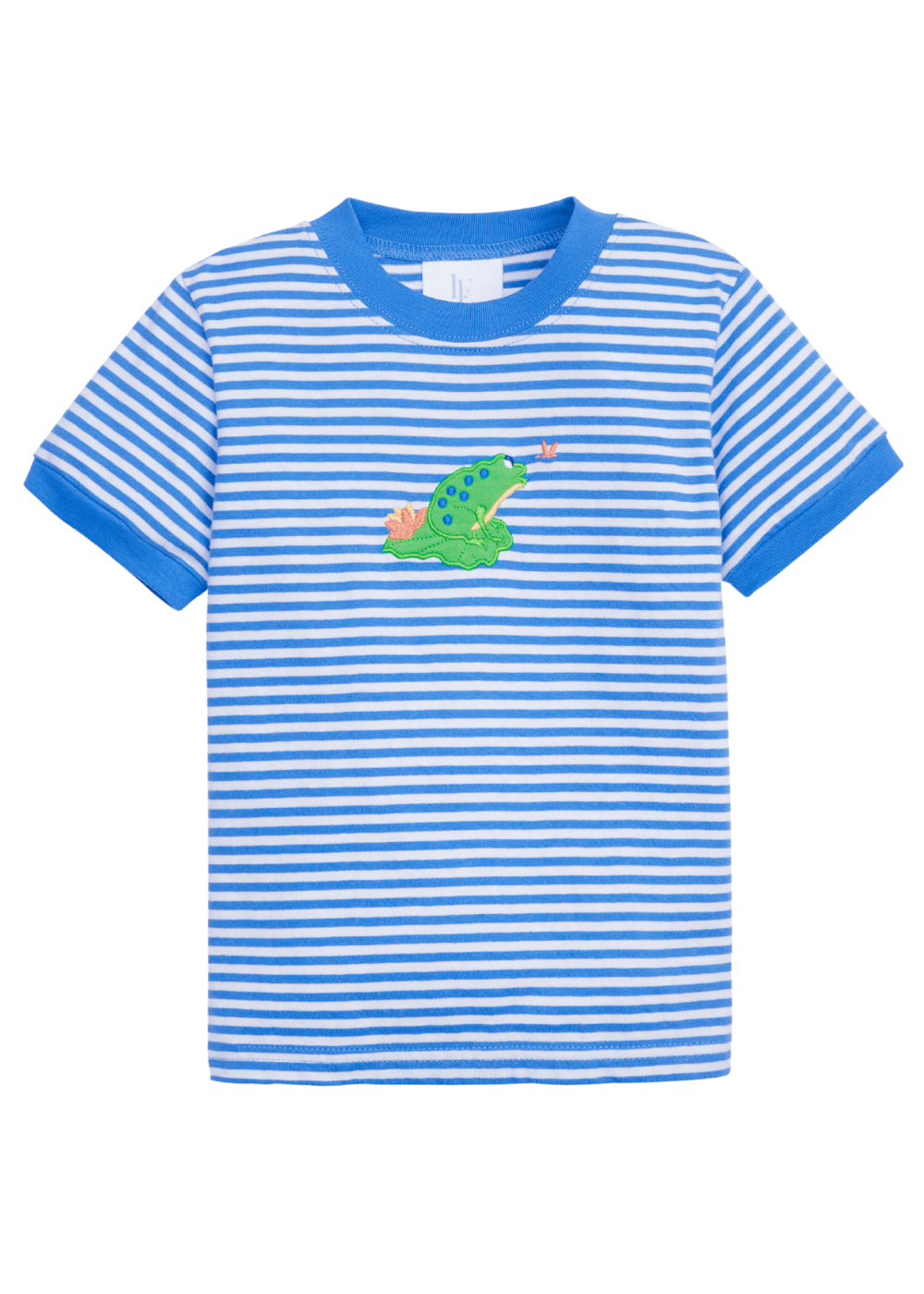 classic childrens clothing blue and white striped t-shirt with applique frog