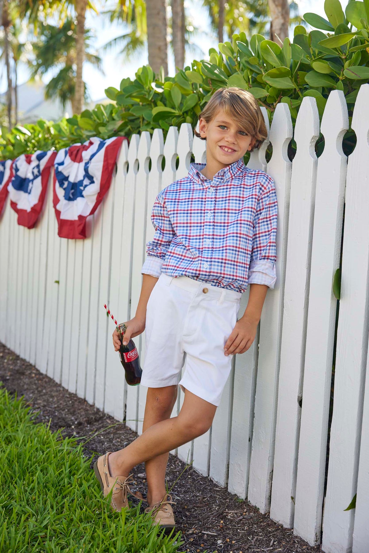 classic childrens clothing boys button down collared shirt with red white and blue gingham