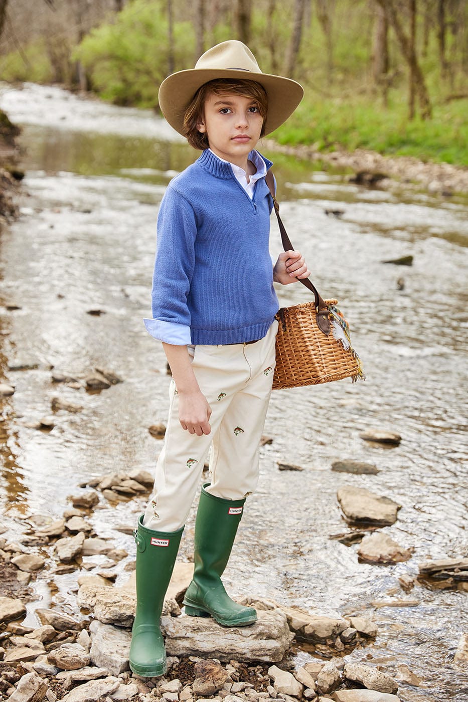 classic childrens clothing boys pant in khaki with embroidered trout pattern