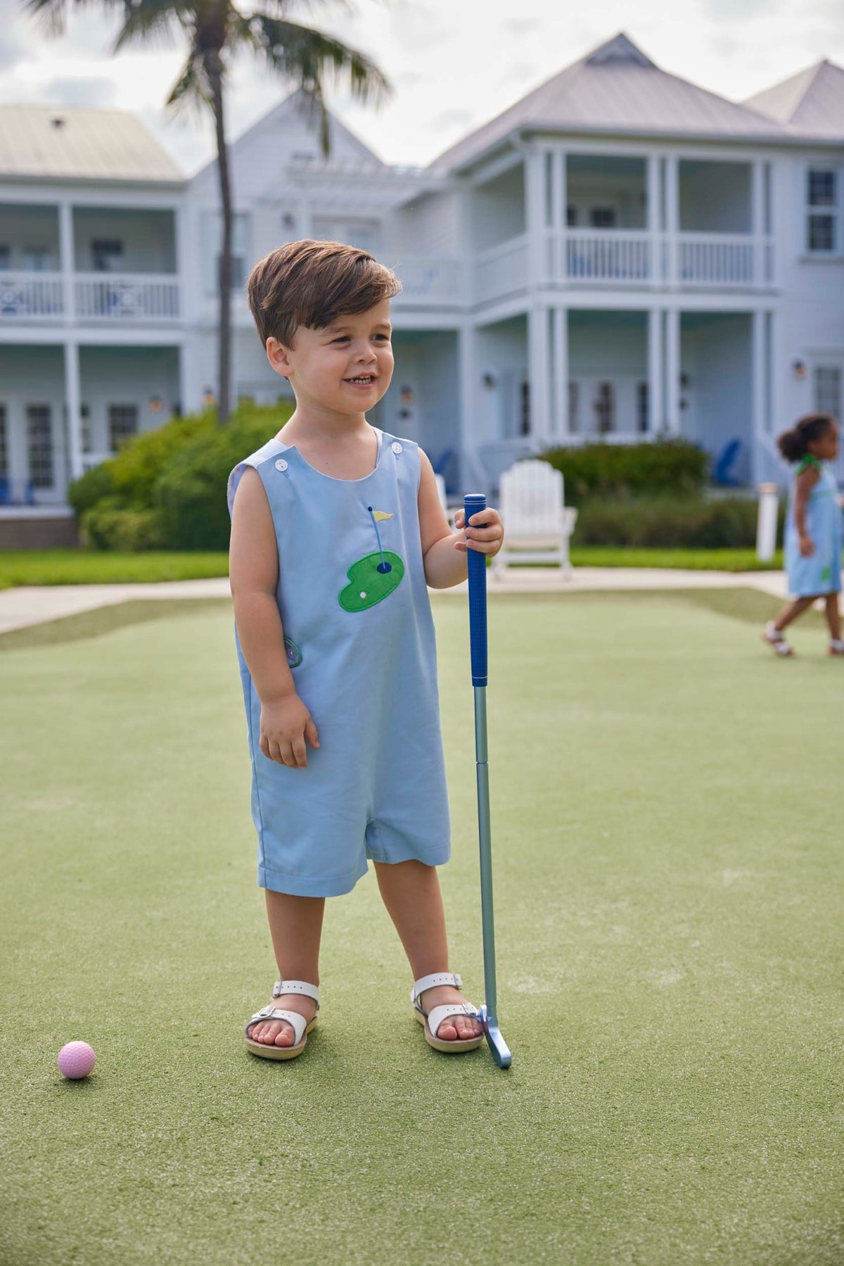 classic childrens clothing boys button tab john john in blue with green golf applique