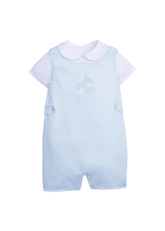 classic childrens clothing boys button tab john john with piped peter pan shirt in light blue with blue bunny embroidery at chest