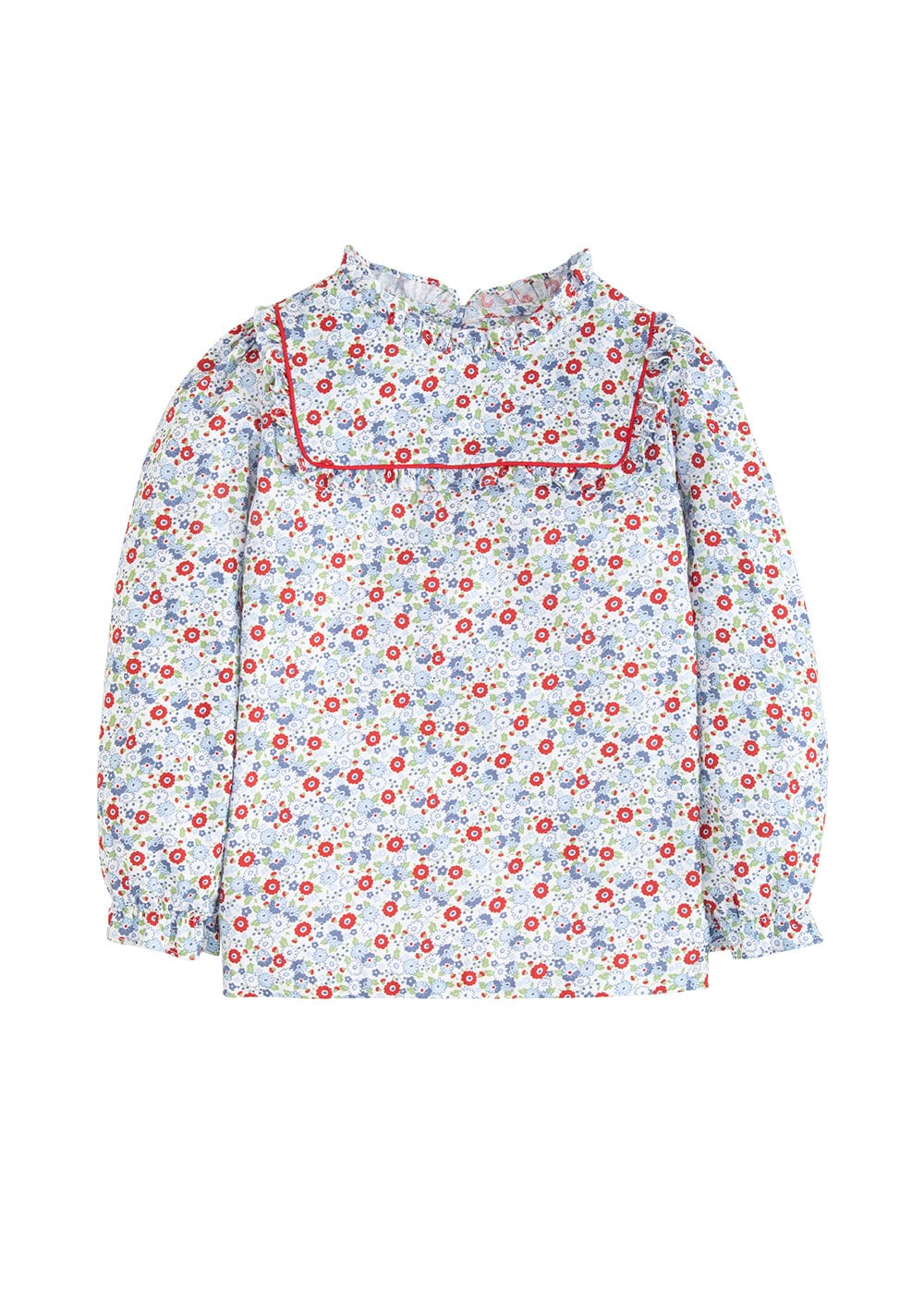 classic childrens clothing girls blouse in blue and red floral pattern with ruffles around neck and sleeves and red piping detailing