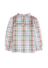 childrens classic clothing girls blouse in green and red plaid with ruffles on neck and sleeves and red piping detail