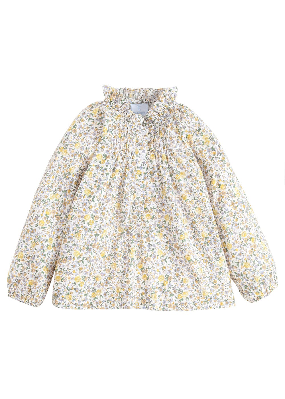 classic childrens clothing girls button up blouse in beige and yellow flowers with ruffles around neck and cinching at chest