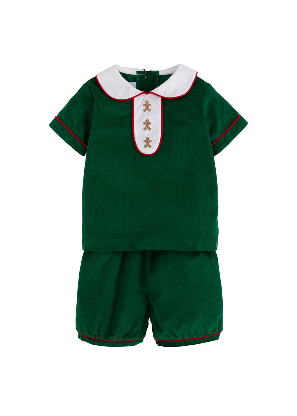 classic childrens clothing evergreen corduroy shirt and short set with gingerbread detail, peter pan collar, and red piping detailing