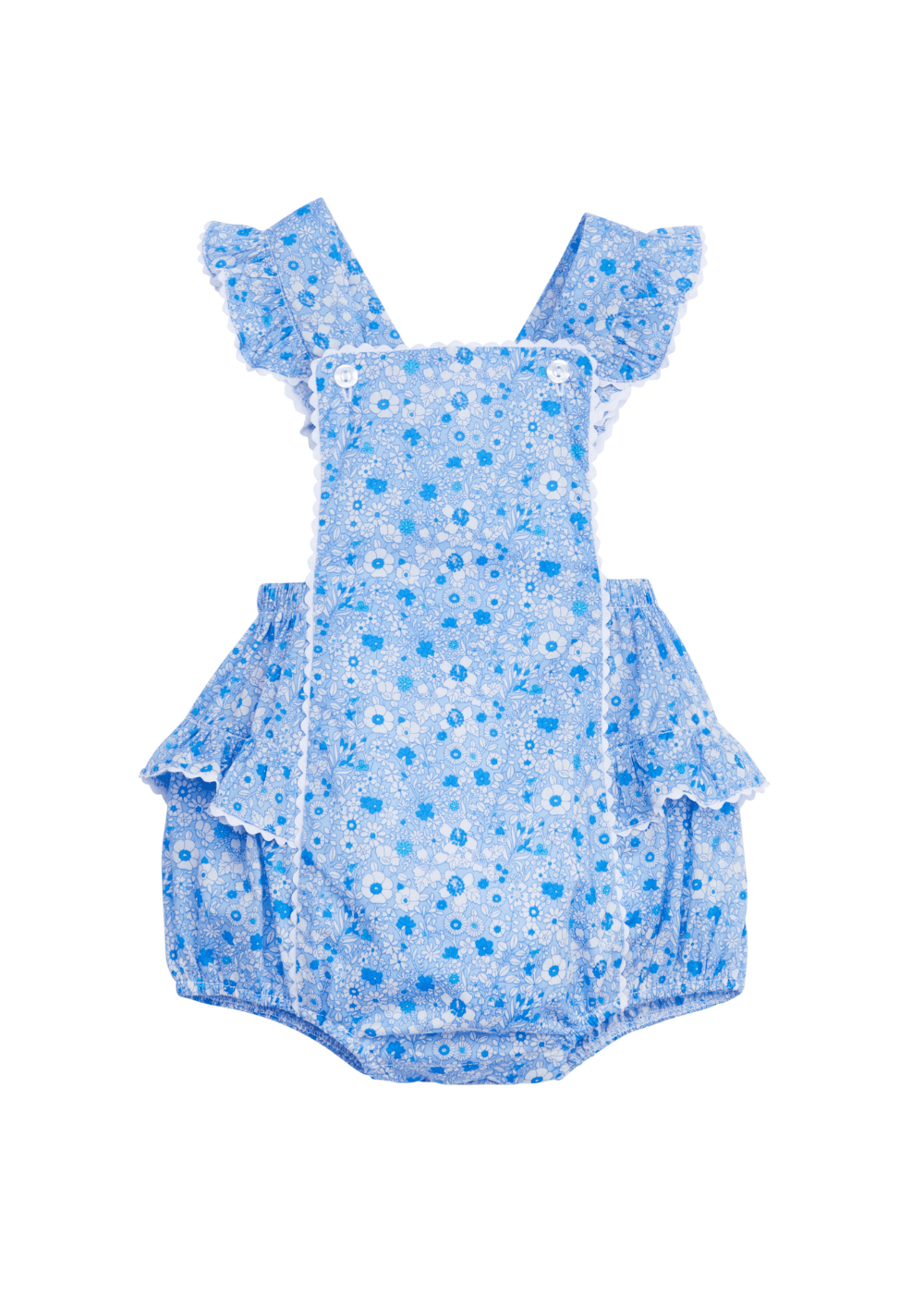 classic childrens clothing girls blue and white floral sunsuit with ruffled straps and white ric rac trim