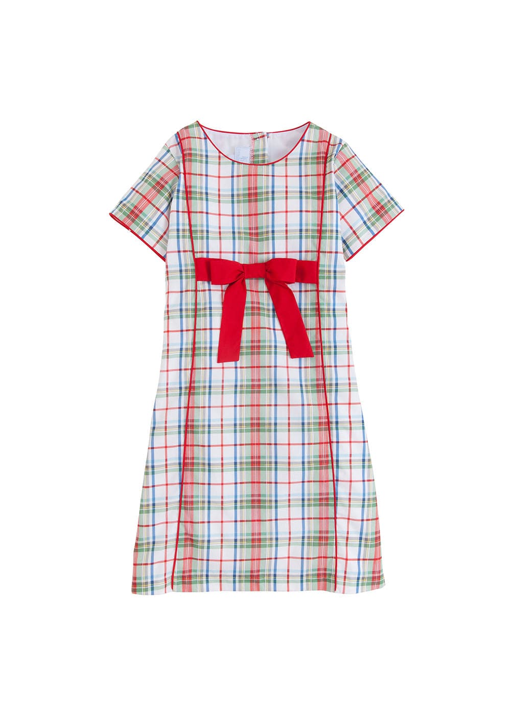 classic childrens clothing girls a line dress in red and green plaid with red bow and red piping detail