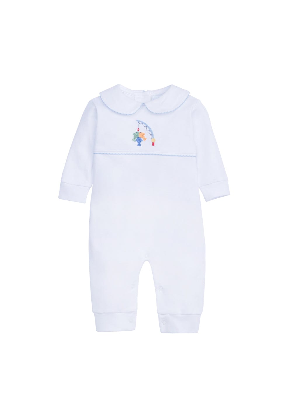 classic childrens clothing boys white playsuit with crochet fishing emblem and blue pique finish