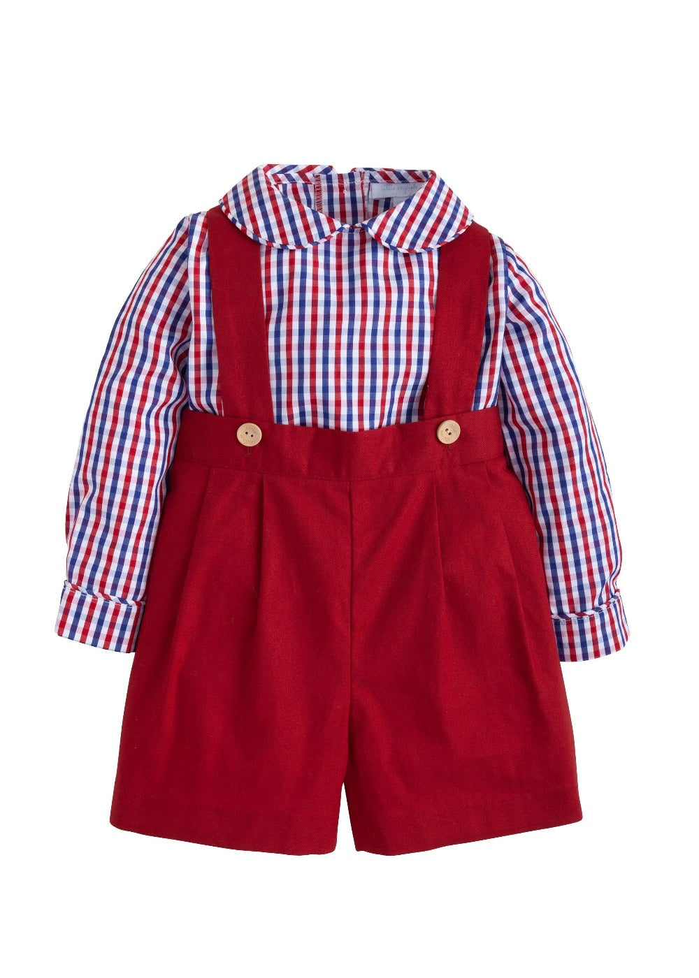 Elliot Shortall Set for boy, crimson plaid shirts and overalls for little boy