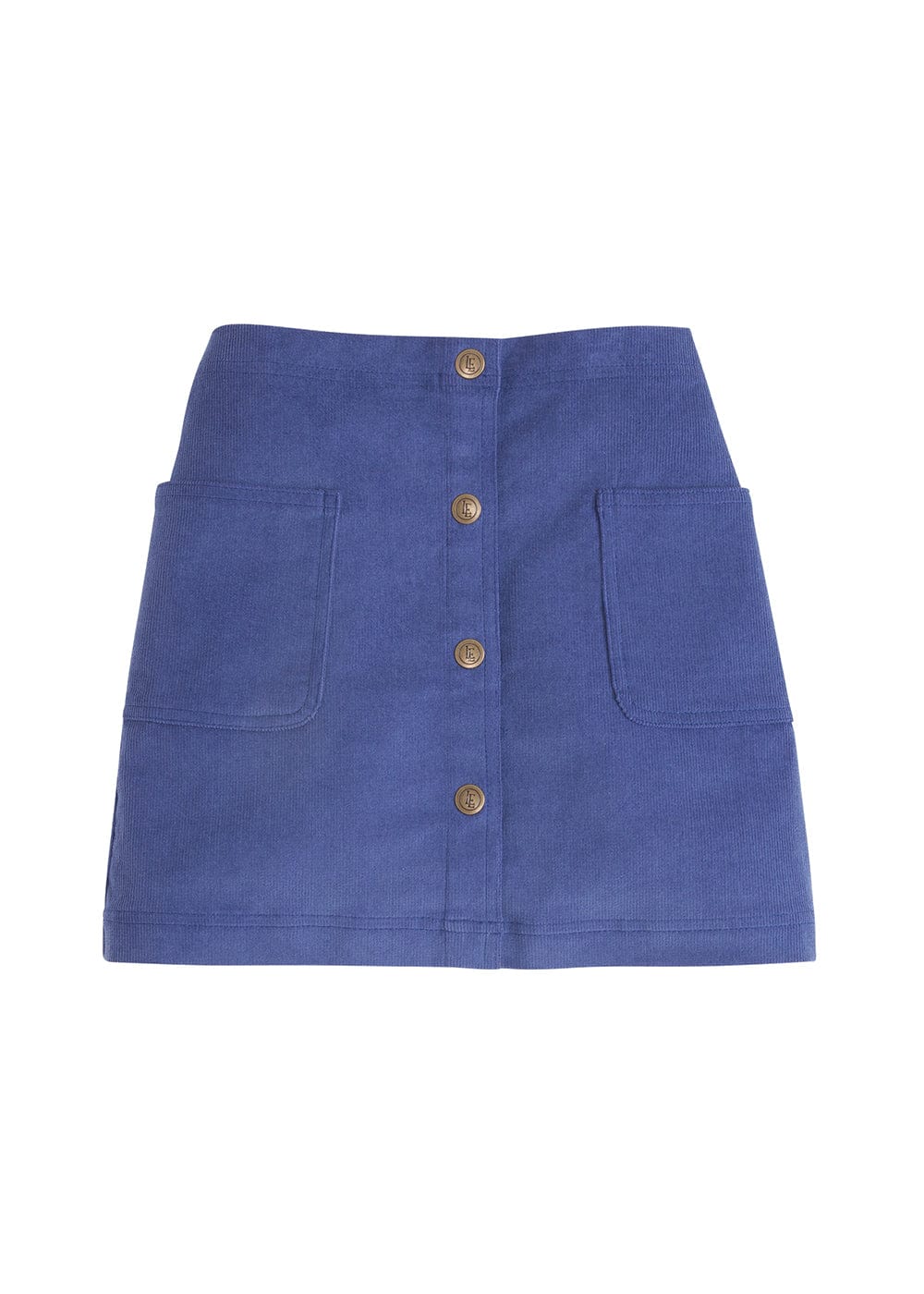 classic childrens clothing girls skirt with brass buttons down the front and side pockets in gray blue color