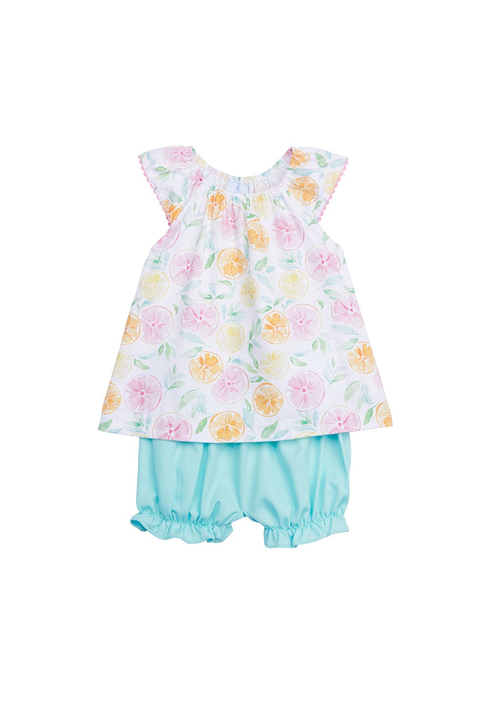 classic childrens clothing girls bloomer set with turquoise bloomers and day shirt with citrus print