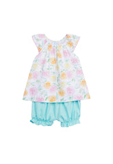 classic childrens clothing girls bloomer set with turquoise bloomers and day shirt with citrus print