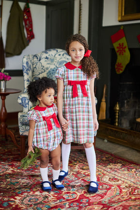 classic baby girl clothes girls bubble in green and red plaid with red piping and peter pan collar and red bow 