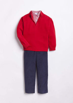 traditional boy's navy pant with red gingham button down and quarter zip sweater, seguridadindustrialcr classic boy's clothing