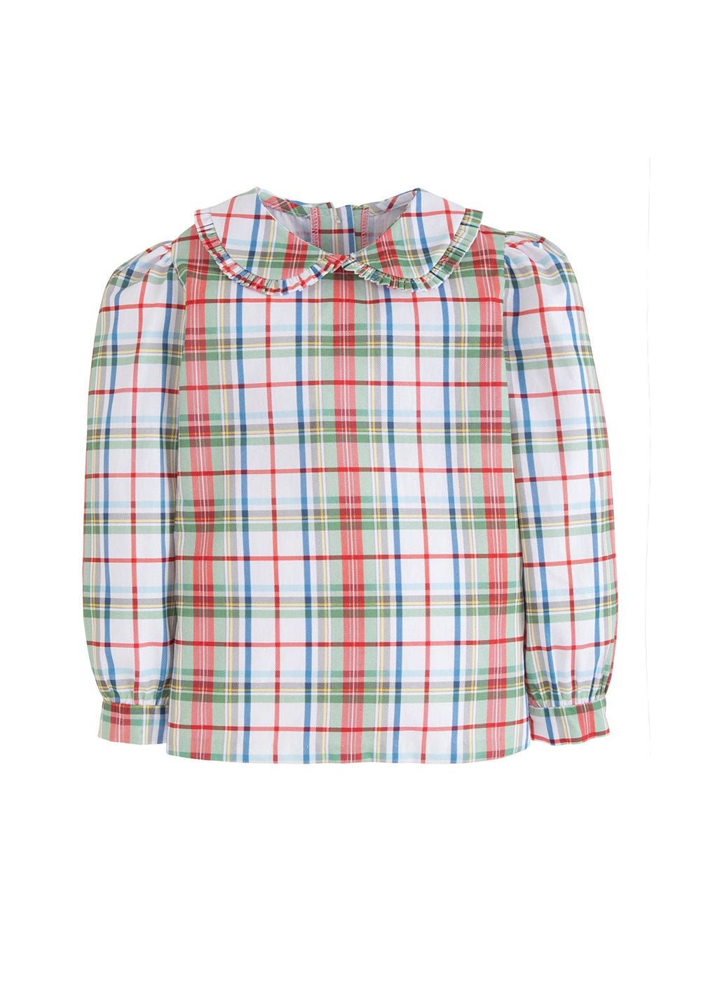 classic childrens clothing girls blouse in green and red stripe with ruffled peter pan collar