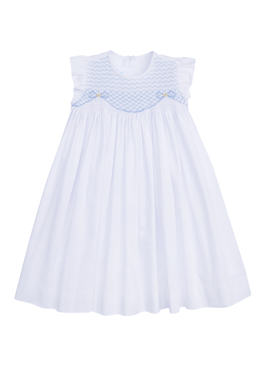 classic childrens clothing girls white dress with ruffle sleeves and blue smocking