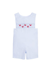 classic childrens clothing boys shortall in light blue with smocking detail and embroidered crabs