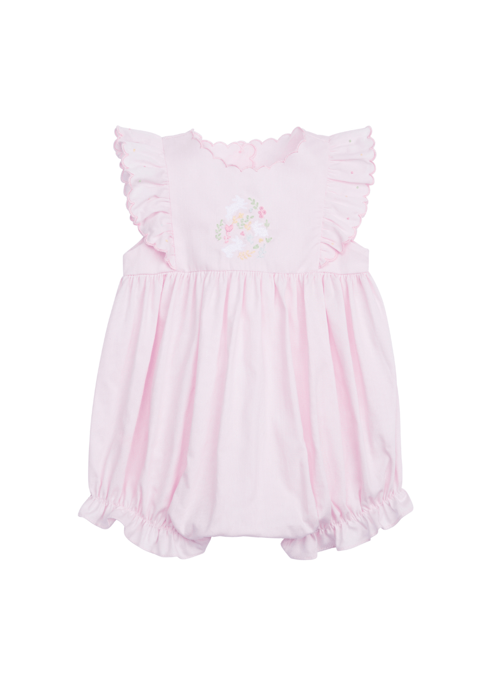 classic childrens clothing girls pink bubble with ruffle sleeves and embroidered bunny