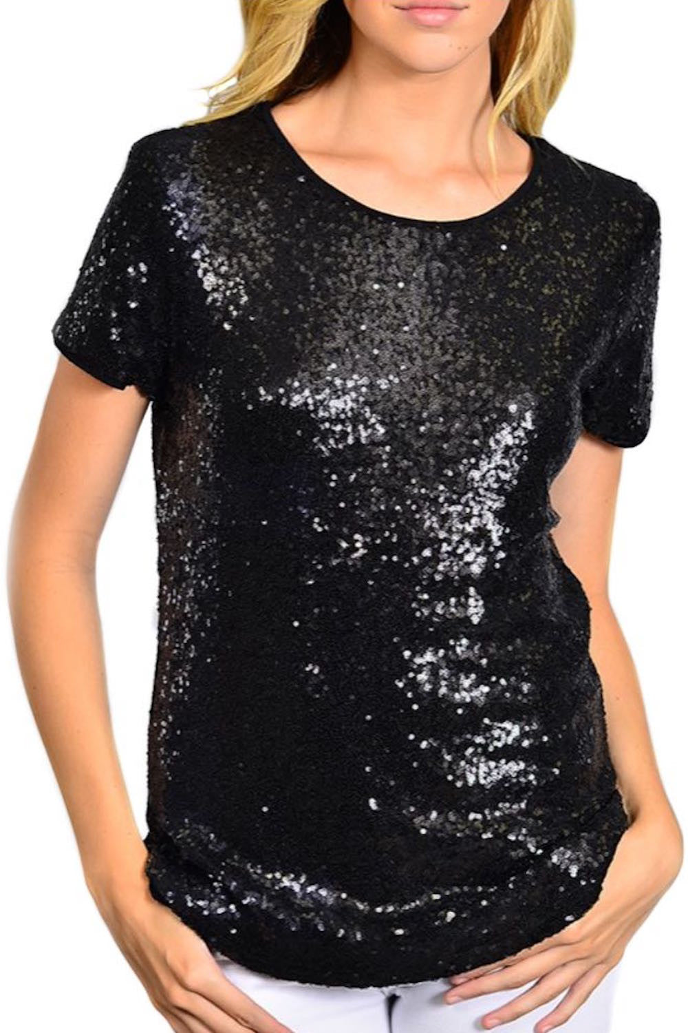 Black Short Sleeve Sequin Top with 