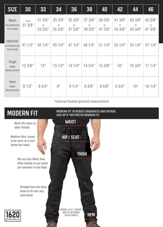 Find your Perfect Size for the Job | 1620 Workwear - Made in the USA ...