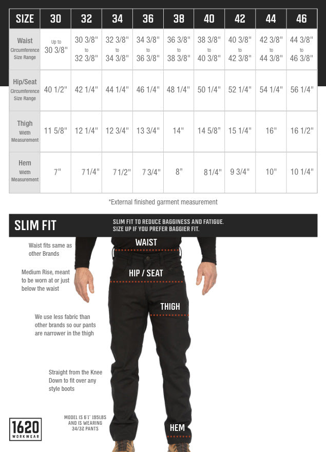 Slim Fit Utility Pant Size Chart | 1620 Workwear - Made in the USA ...