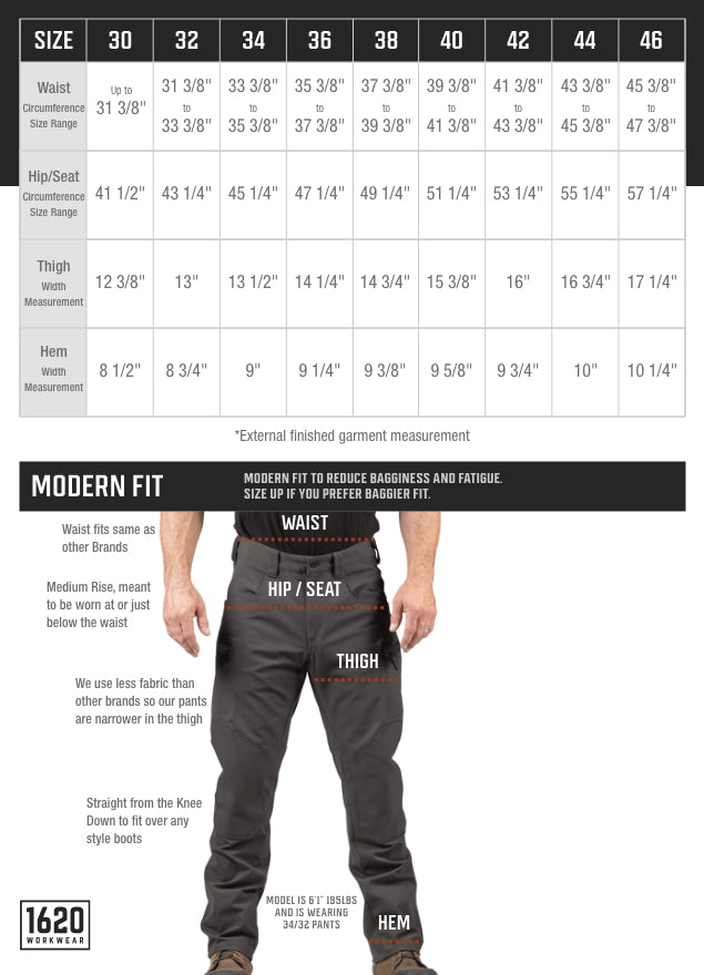 Tech Stretch PantsSize Chart