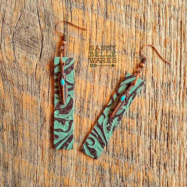 Leather Rectangle Earrings Turquoise and Brown with Copper and Turquoise Feather