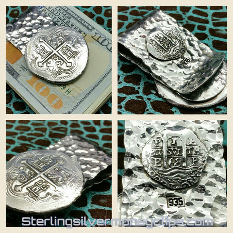Hammered 17th Century Piece of Eight with 1 Reale on back 925 935 Argentium Sterling Silver money clip