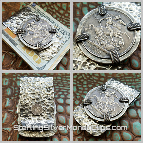 Hammered 4 point ornate prong bezel 1900 British Crown Dragon Slayer Full Fold Antique big 925 935 Argentium Sterling Silver money clip