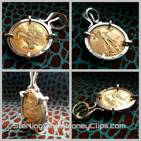 American Gold Eagle 4 point square pronged bezel 925 935 Argentium Sterling Silver pendant