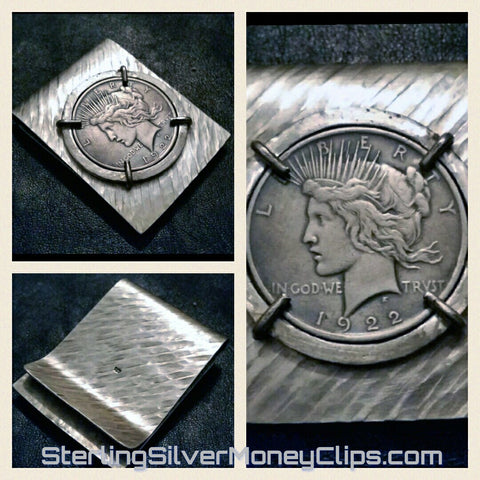 Ridge Hammered 4 point Bar Bezel 1922 Peace Dollar 925 935 Argentium Sterling Silver money clip