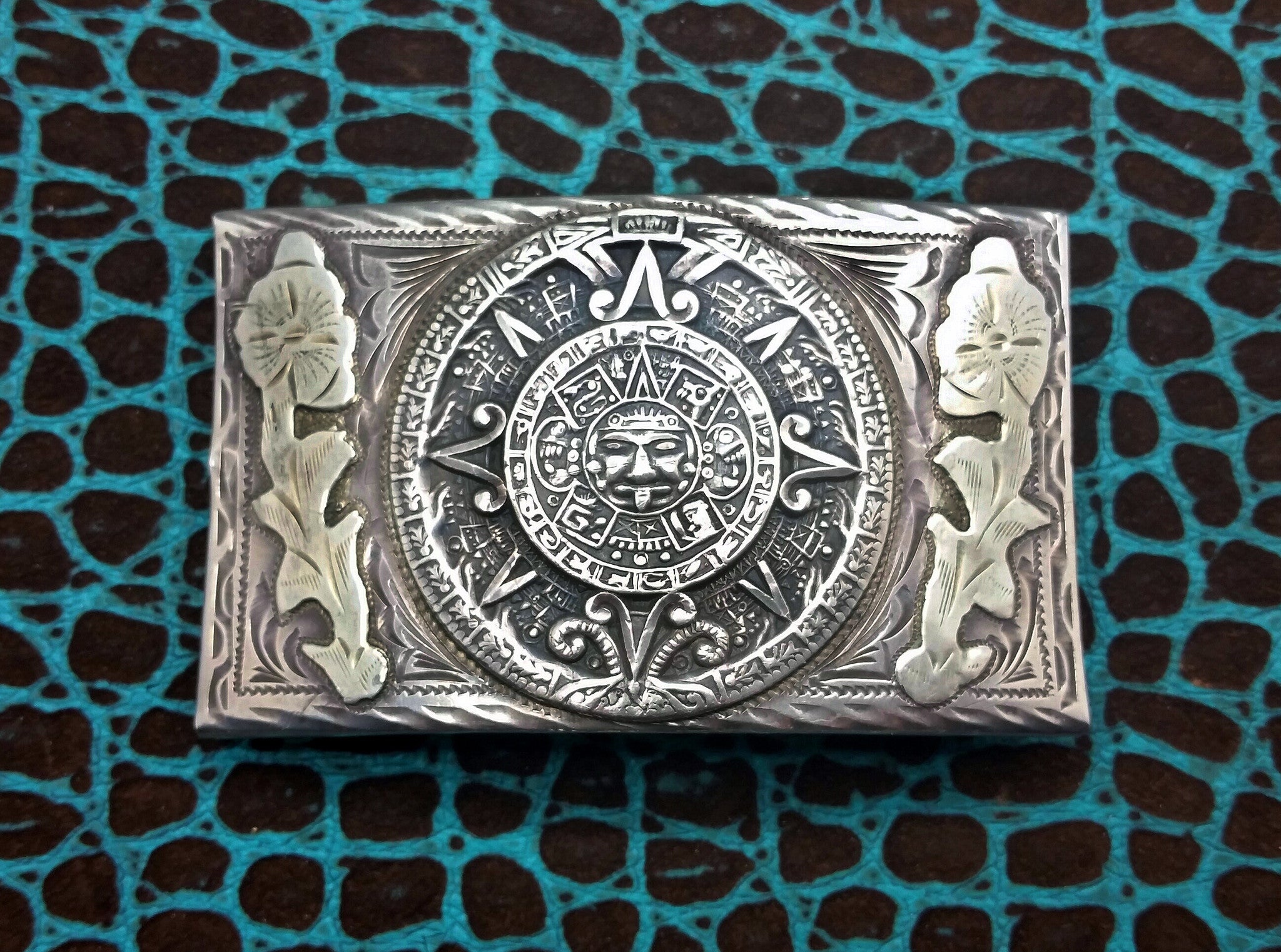 Mexican Vintage Aztec Calendar Big Sterling Silver Belt Buckle