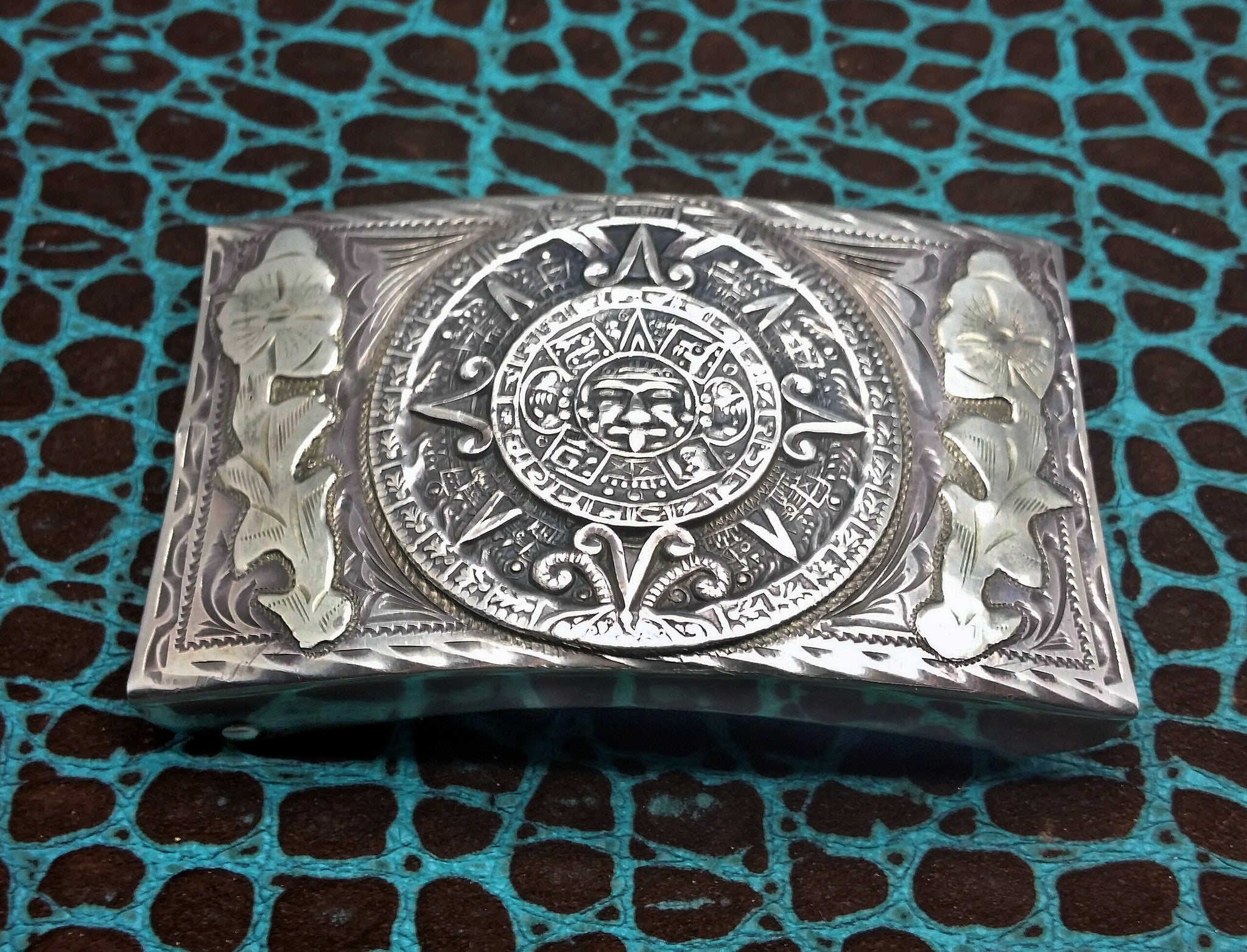 Mexican Vintage Aztec Calendar Big Sterling Silver Belt Buckle